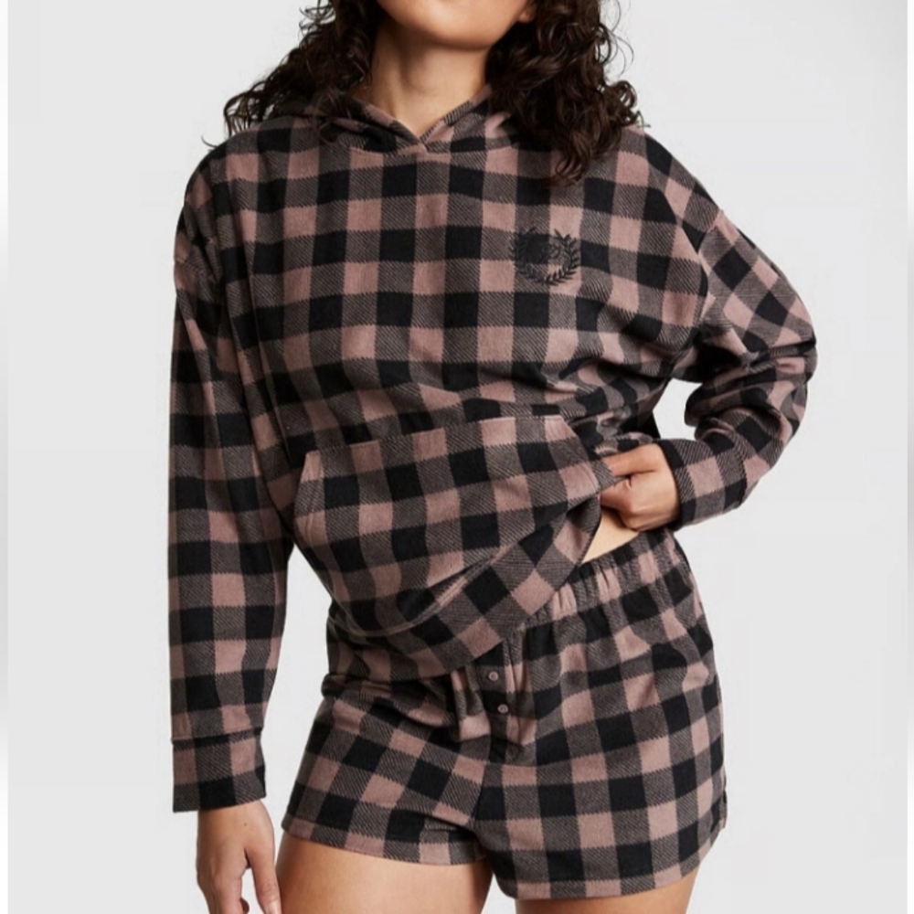 Victoria's Secret Fuzzy Plaid Pajama Set - Black and Brown
